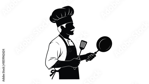 A silhouetted chef holding a frying pan and spatula culinary arts symbol