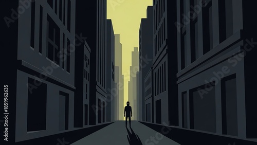 Solitary Figure Walking Down City Alleyway.