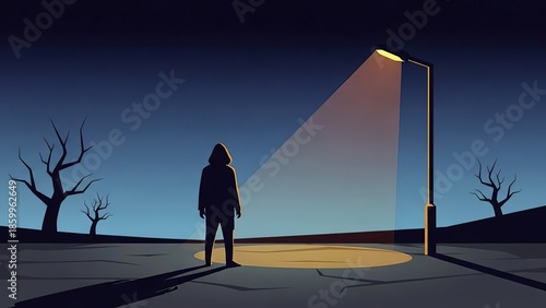 Solitary Figure Under Streetlight at Night.