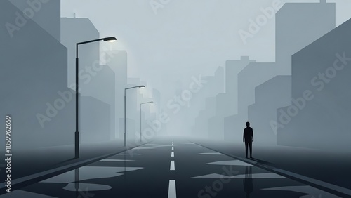 Solitary Figure Walking Down Foggy City Street.