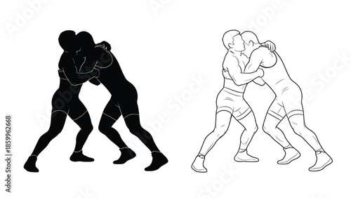 Two wrestlers grappling in a close combat stance depicted in contrasting styles