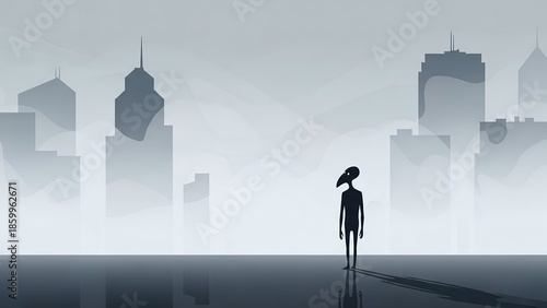 Solitary Figure Walking in Foggy Cityscape.