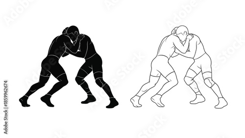 Two wrestlers in a grappling hold depicted in contrasting black and white styles