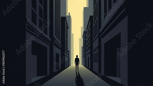 Solitary Person Walking Down City Alleyway.