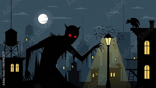 Spooky Monster in Dark Cityscape at Night.