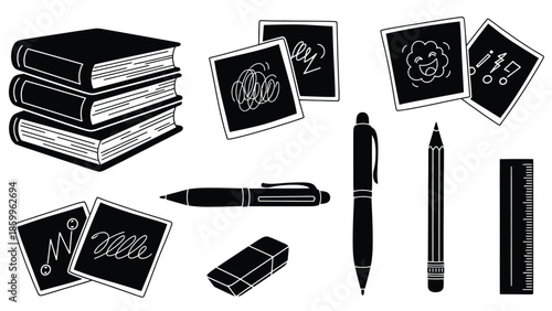 Stationery set with books pens photographs and office supplies illustration