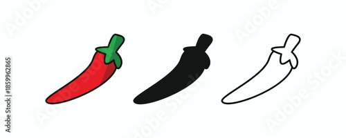 Hot chili pepper icon set including a vibrant red cartoon version, a black silhouette, and a simple black and white outline