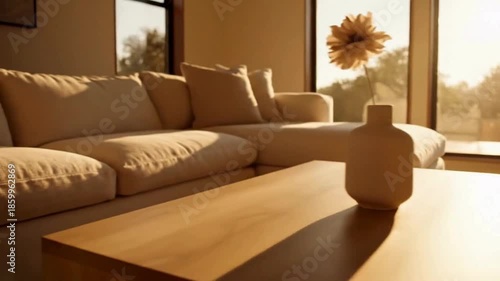 Warm afternoon sunlight illuminates a stylish living room featuring a comfortable modular sectional sofa and modern wooden coffee table decoration.