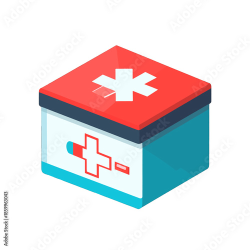 Isometric Medical Box with Red Lid and White Symbol on a White Background