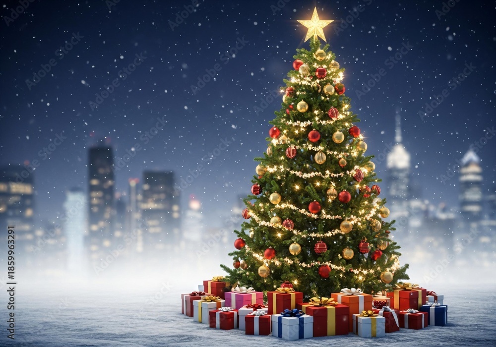 Obraz premium Festive Christmas tree with gifts in city snowfall