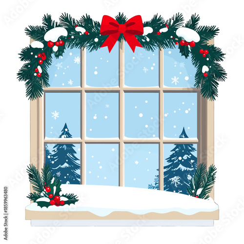 Pixelated Window Decorated with Green Garland Red Bow and Snow Flakes Overlooking Snowy Evergreen Trees in Winter Scenery With Blue Sky