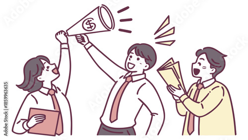 Business team celebrating success with megaphone and documents.
