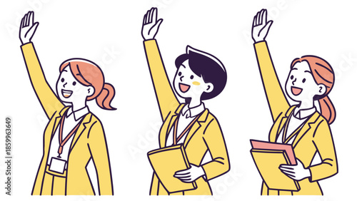 Three women in yellow blazers raising their hands, appearing engaged and ready to participate.