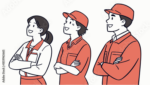 Three people wearing orange uniforms and caps standing together.