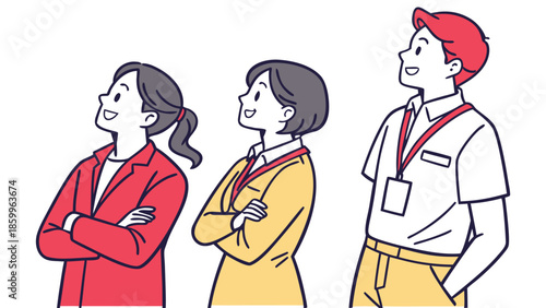 Three diverse individuals, two women and one man, stand side-by-side with arms crossed, looking upwards with optimistic expressions.