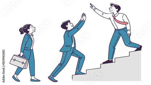 Three business professionals ascending stairs, symbolizing career growth and teamwork.