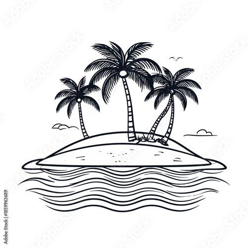 Monochromatic Illustration of Small Island with Palm Trees and Ocean Waves in White Background Isolated Minimalist Black and White Graphics