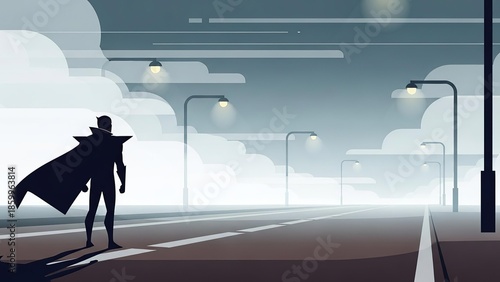 Superhero Standing Alone on Empty Road.