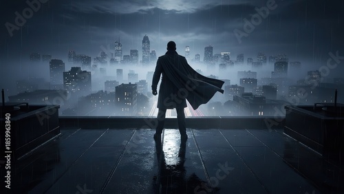Superhero Standing on Rooftop at Night.