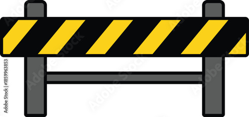 Black and yellow striped construction barrier with grey posts safety warning