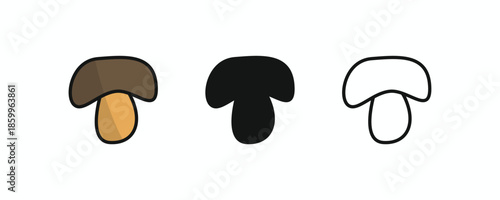 Mushroom icon set with flat colored design, black silhouette, and simple line art isolated on white background