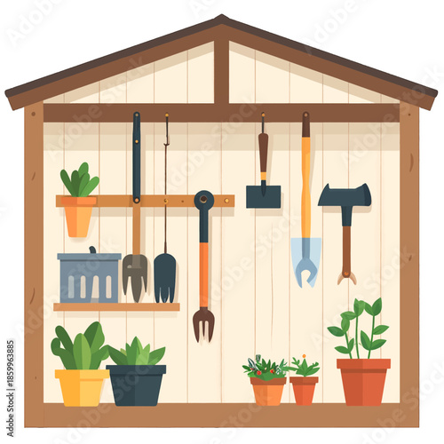 Garden Tool Shed Interior with Potted Plants and Gardening Implements Hanging on Wall in Pixelated Style