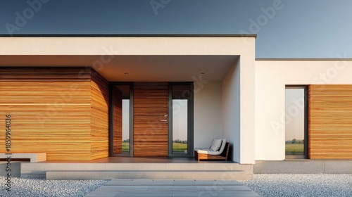 Modern Residential House with Wooden Facade and Minimalist Design in Evening Light