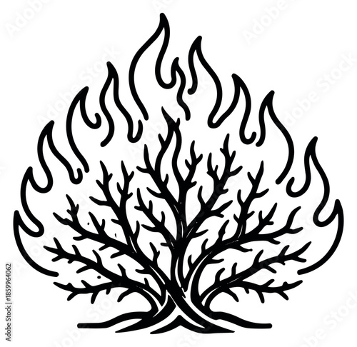 Hand drawn line art illustration of a burning bush depicting flames for religious stories