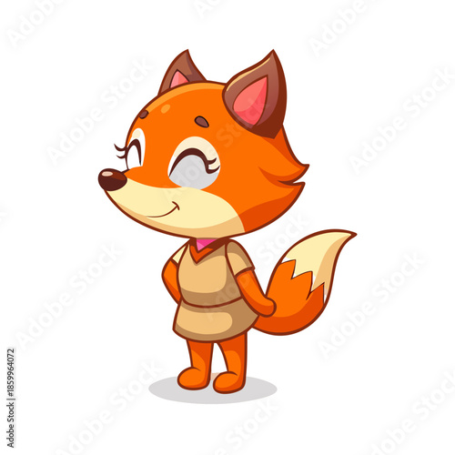 A Cute cartoon fox woman standing smile on white background. Side view. Ready for moral fox animation story. Part by part ready for animate cc.