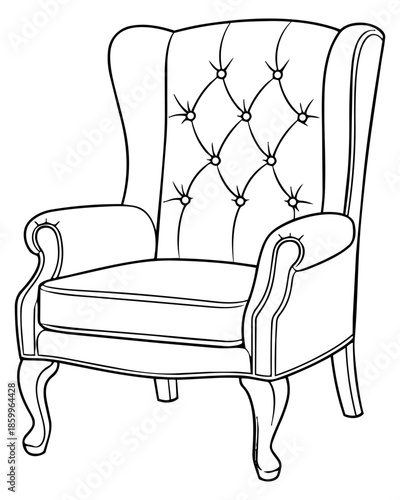 Line art illustration of a classic wingback armchair depicting elegant tufting for home interior design