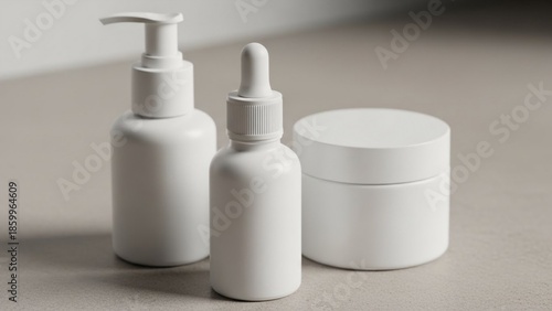 Minimalist White Cosmetic Bottles and Jar Set for Skincare and Beauty Product Branding on a Neutral Background