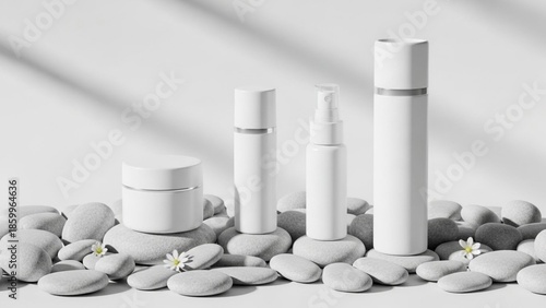 Modern white cosmetic product display featuring minimalist skincare containers arranged on natural grey stones with subtle floral accents, promoting clean beauty