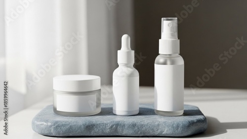 Blank white cosmetic product packaging set on a stone display, ideal for branding mockups of skincare and beauty solutions in a minimalist, sunlit studio setting