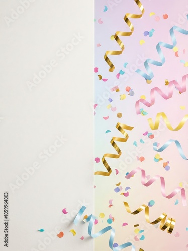 Colorful party streamers and confetti on light background with copy space, celebration, fun and festive design