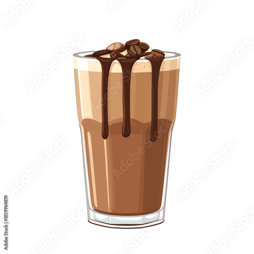 Pixel Art Illustration of Chocolate Coffee Drink with Coffee Beans Drizzled Syrup Topping on White Background