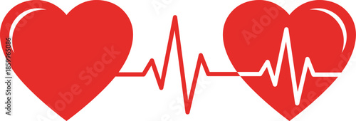 Two red hearts connected by a white electrocardiogram line