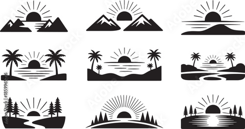 Black and white sunrises and sunsets in mountain landscape with palm trees set