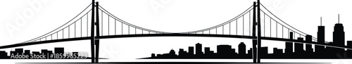 Black and white city skyline silhouette behind suspension bridge isolated on transparent