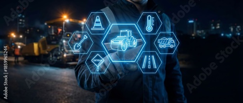 Man interacting with futuristic road construction technology at night