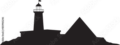 Black silhouette of lighthouse and pyramid isolated on transparent background