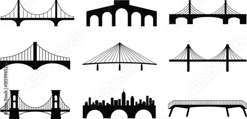 Bridges silhouettes collection of various types isolated on transparent checkered background