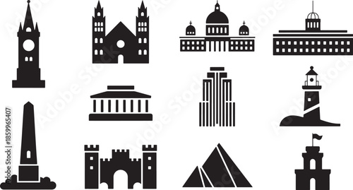 Collection of famous landmark silhouette design element for travel and tourism