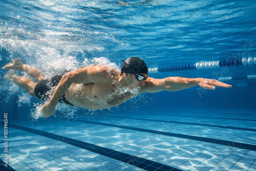 Underwater View of Male Swimmer Performing Freestyle Stroke in Pool