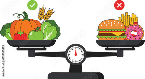 Healthy food versus junk food scale illustration, balanced diet concept comparing fresh vegetables with fast food choices vector design nutrition