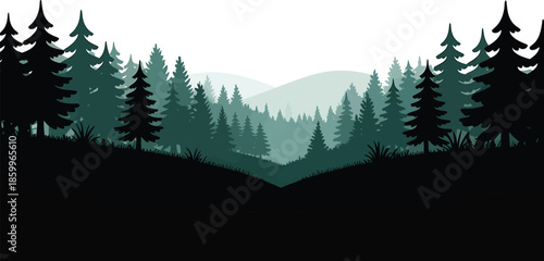 Landscape vector with mountain background in green forest scenery tree and silhouette