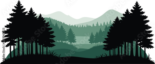 Landscape background with pine tree forest silhouette and mountain in nature scenery