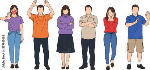 Illustrated people showing stop refusal gestures, crossed arms, hands raised, covering face, personal boundaries, consent awareness, body language concept illustration