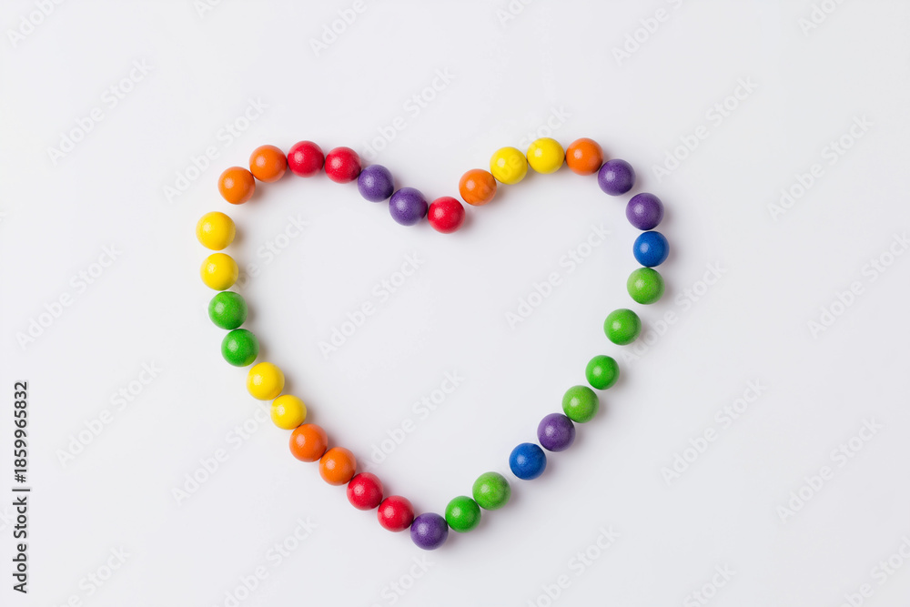 Obraz premium Rainbow heart made of round colored candies or wooden balls. Suitable for valentines day, love, romance, and candy themed designs.