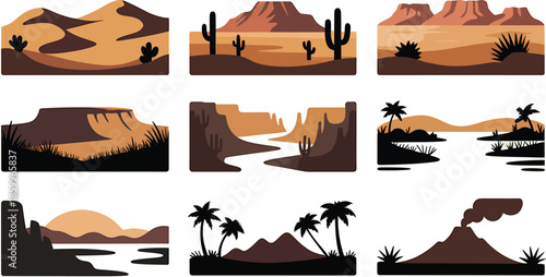 Set of desert landscapes with sand dunes, cactus plants and volcano, nature vector