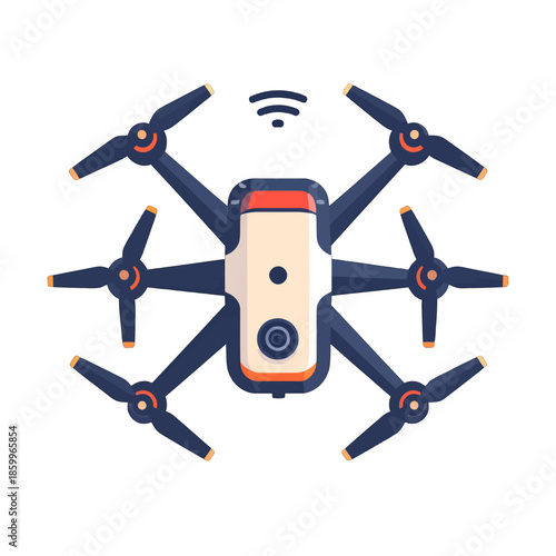 Pixelated Aerial Drone with Dark Gray Arms and Orange Propeller Tips Flying in a White Background